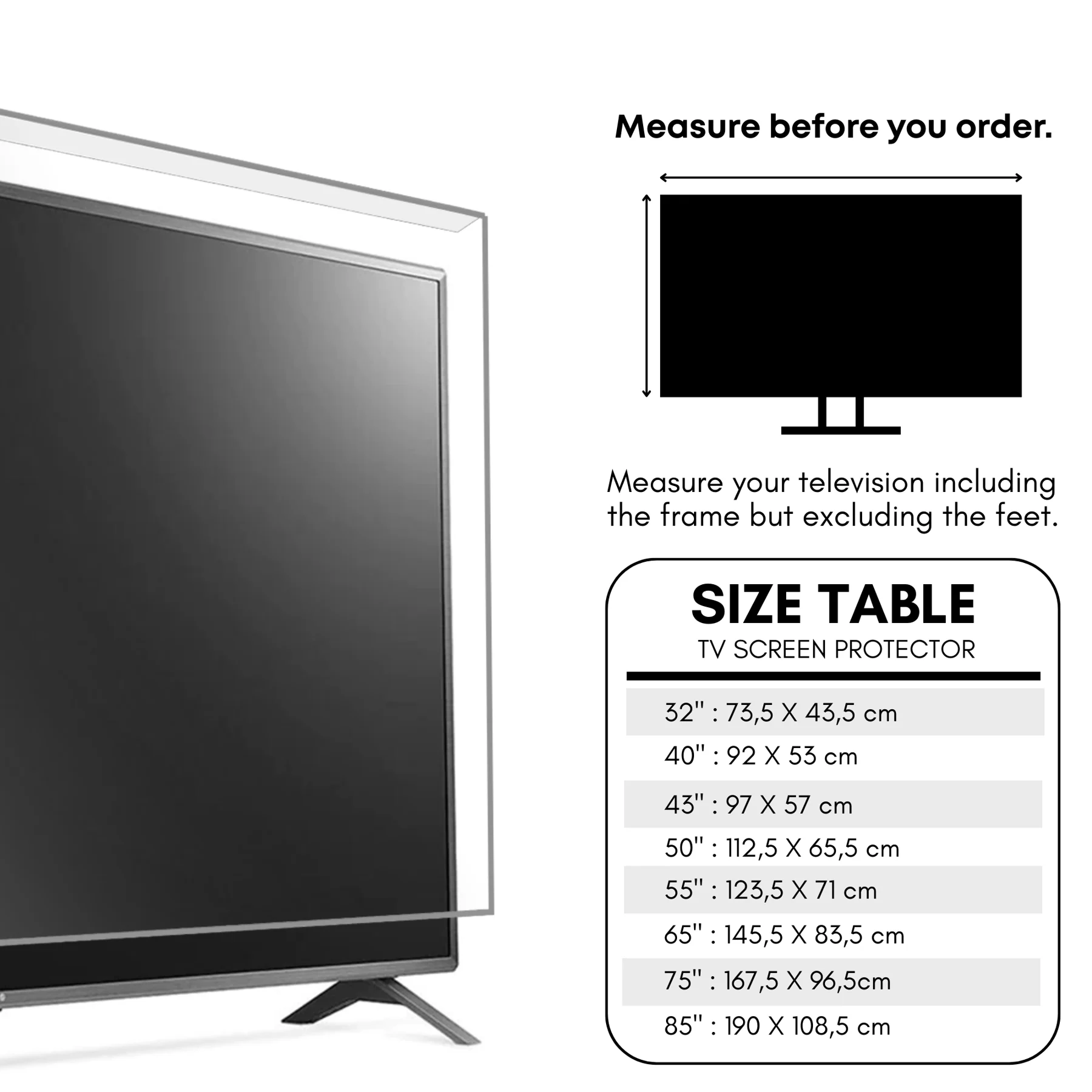 TV measuring guide and LIXGATE protector dimensions